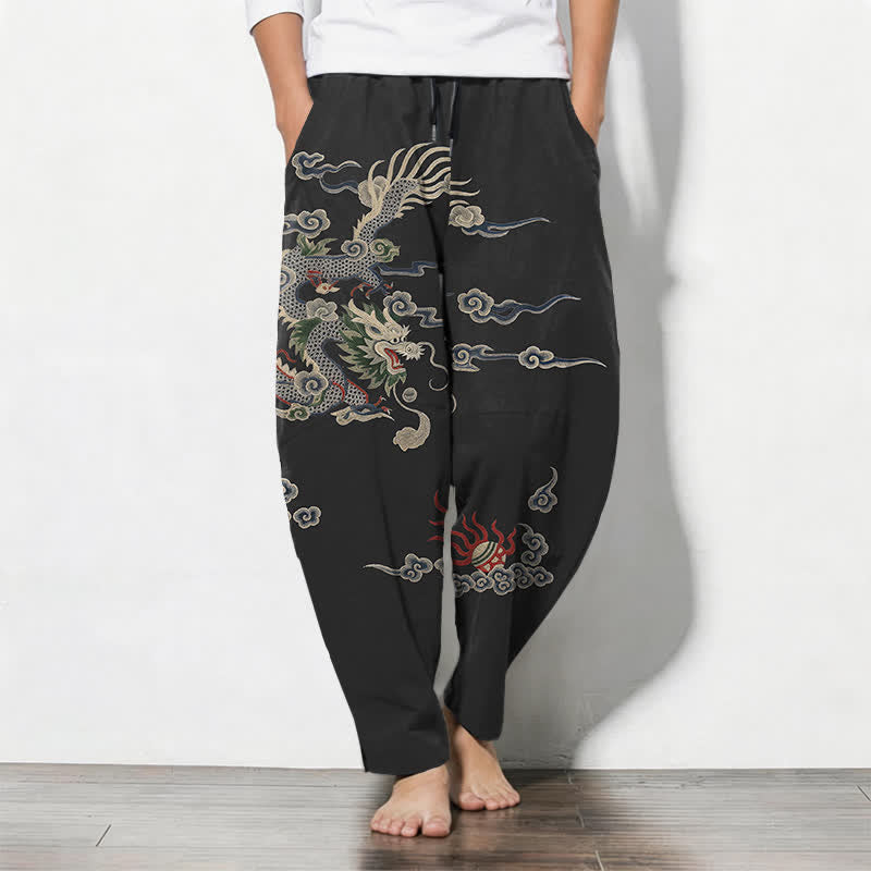 Buddha Stones Pure Cotton Dragon Cloud Fireball Pattern Drawstring Men's Tapered Pants With Pockets - Black - US/UK/AU50,EU60 (5XL) - image 11