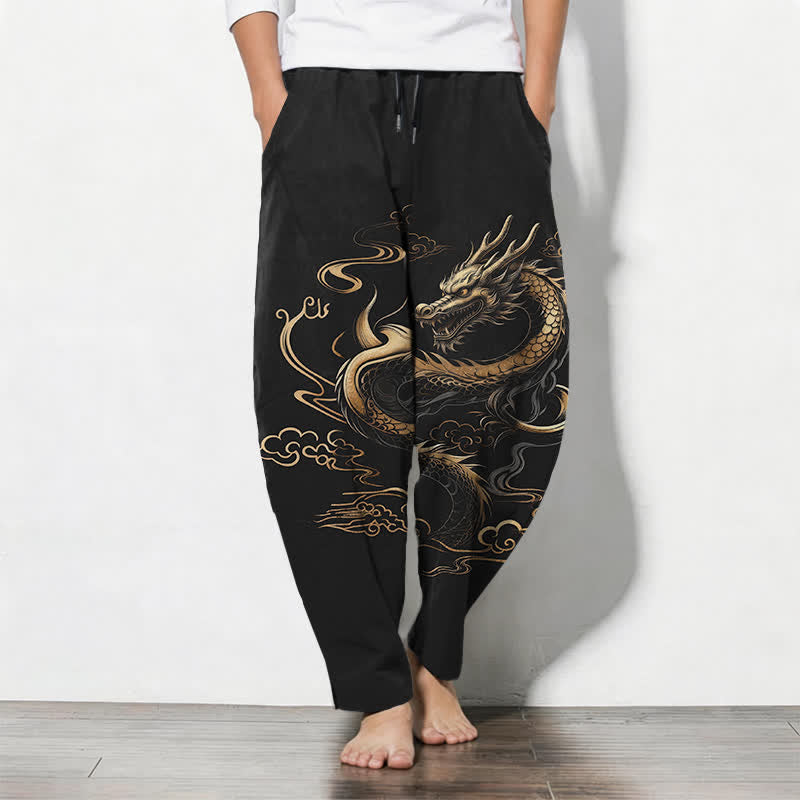 Buddha Stones Pure Cotton Golden Dragon Auspicious Cloud Pattern Drawstring Men's Tapered Pants With Pockets - Black - US/UK/AU50,EU60 (5XL) - image 0