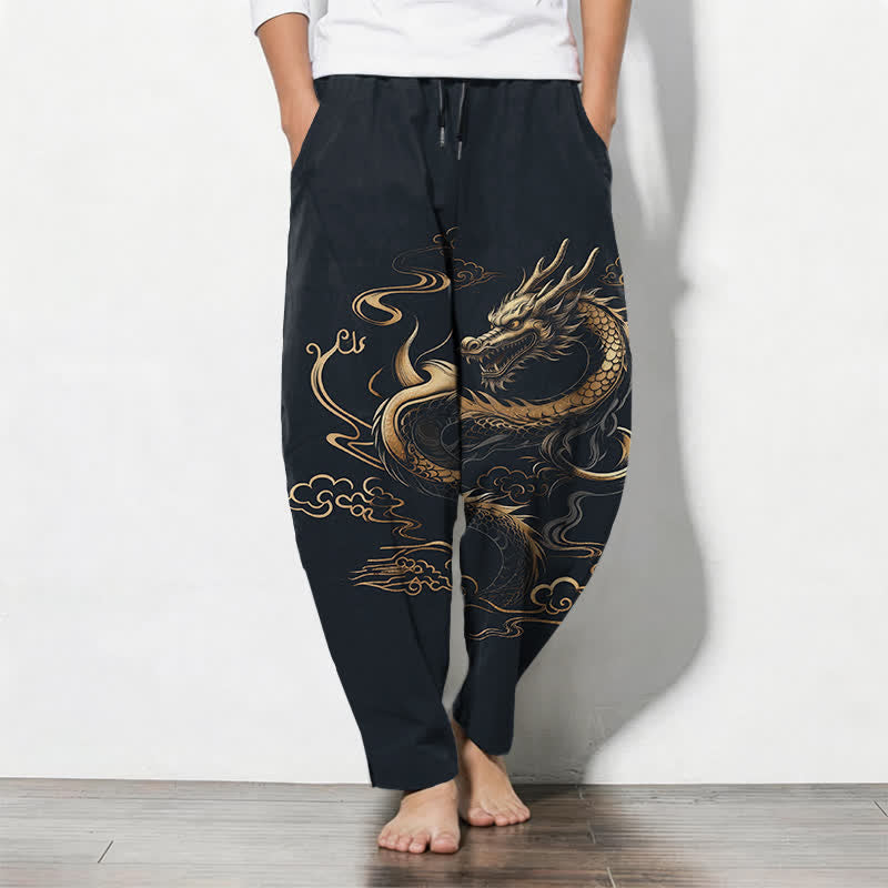 Buddha Stones Pure Cotton Golden Dragon Auspicious Cloud Pattern Drawstring Men's Tapered Pants With Pockets - MidnightBlue - US/UK/AU50,EU60 (5XL) - image 7