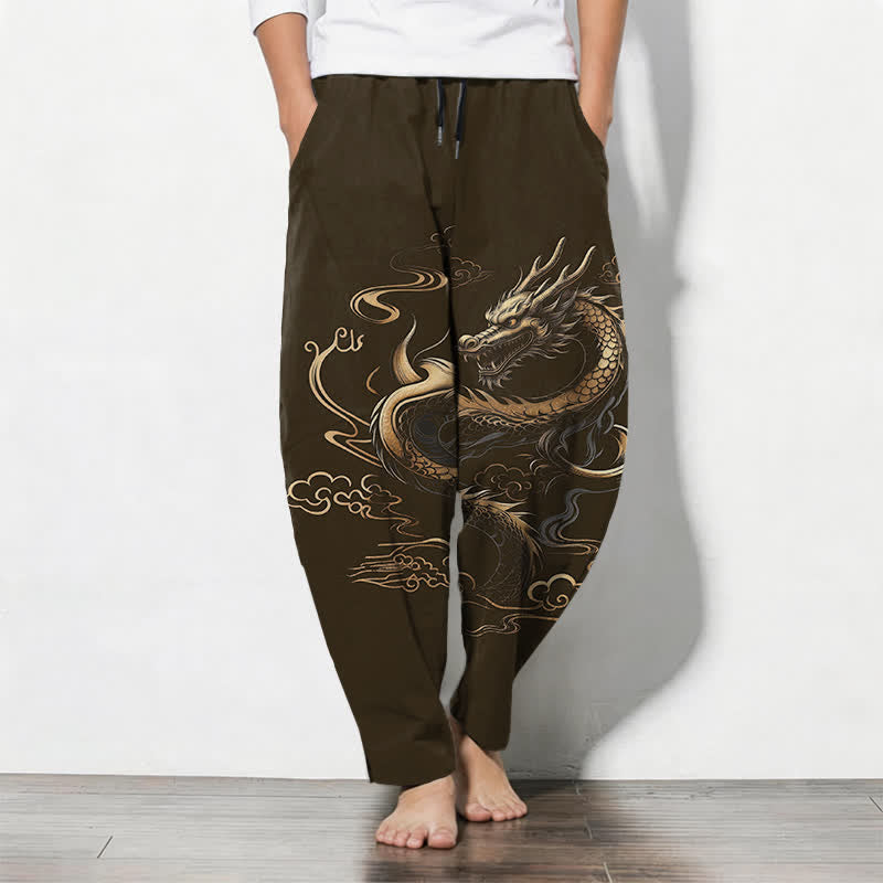 Buddha Stones Pure Cotton Golden Dragon Auspicious Cloud Pattern Drawstring Men's Tapered Pants With Pockets - DarkOliveGreen - US/UK/AU50,EU60 (5XL) - image 11