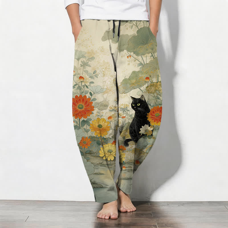 Buddha Stones Pure Cotton Oriental Black Cat Floral Pattern Drawstring Men's Tapered Pants With Pockets - PaleGoldenrod - US/UK/AU50,EU60 (5XL) - image 0