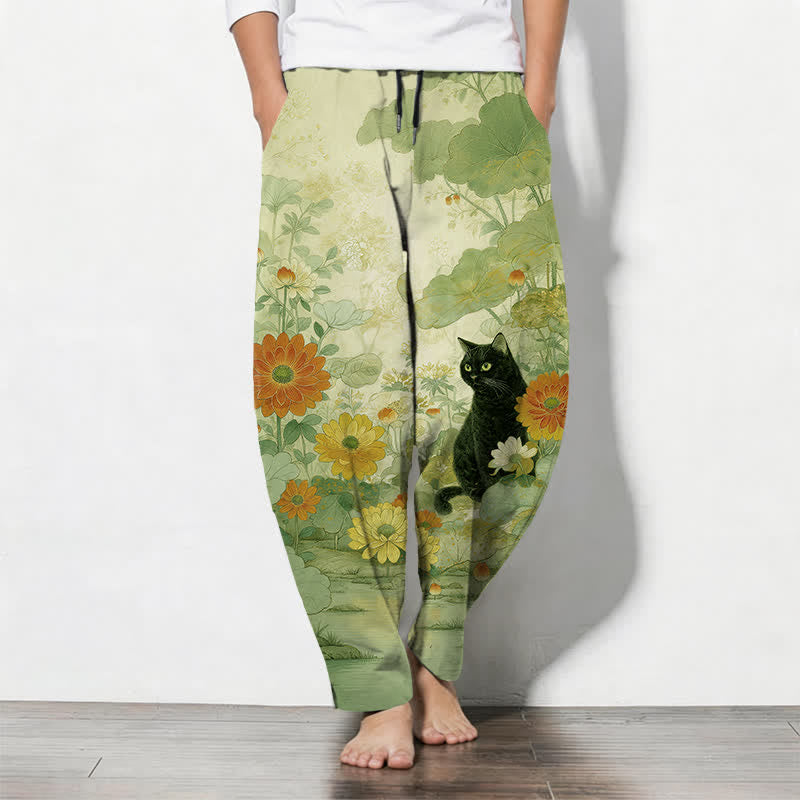 Buddha Stones Pure Cotton Oriental Black Cat Floral Pattern Drawstring Men's Tapered Pants With Pockets - GreenYellow - US/UK/AU50,EU60 (5XL) - image 7