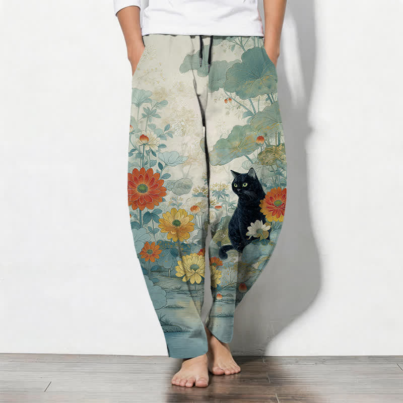 Buddha Stones Pure Cotton Oriental Black Cat Floral Pattern Drawstring Men's Tapered Pants With Pockets - PaleTurquoise - US/UK/AU50,EU60 (5XL) - image 11
