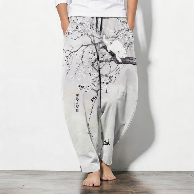 Buddha Stones Pure Cotton Ink Plum Cat Pattern Drawstring Men's Tapered Pants With Pockets - LightGrey - US/UK/AU50,EU60 (5XL) - image 0