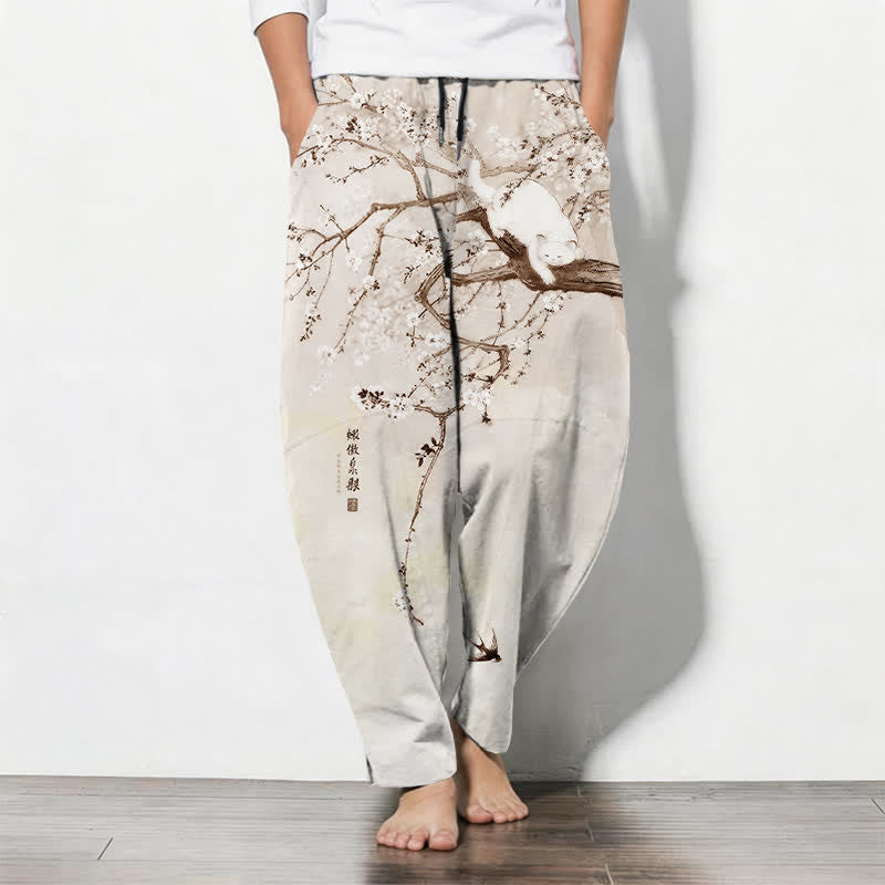Buddha Stones Pure Cotton Ink Plum Cat Pattern Drawstring Men's Tapered Pants With Pockets - Cornsilk - US/UK/AU50,EU60 (5XL) - image 7
