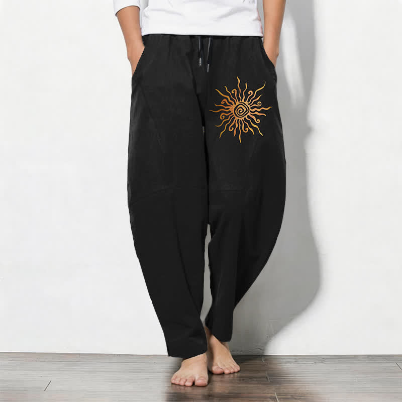 Buddha Stones Pure Cotton Golden Sun Spiral Pattern Drawstring Men's Tapered Pants With Pockets - Black - US/UK/AU50,EU60 (5XL) - image 0