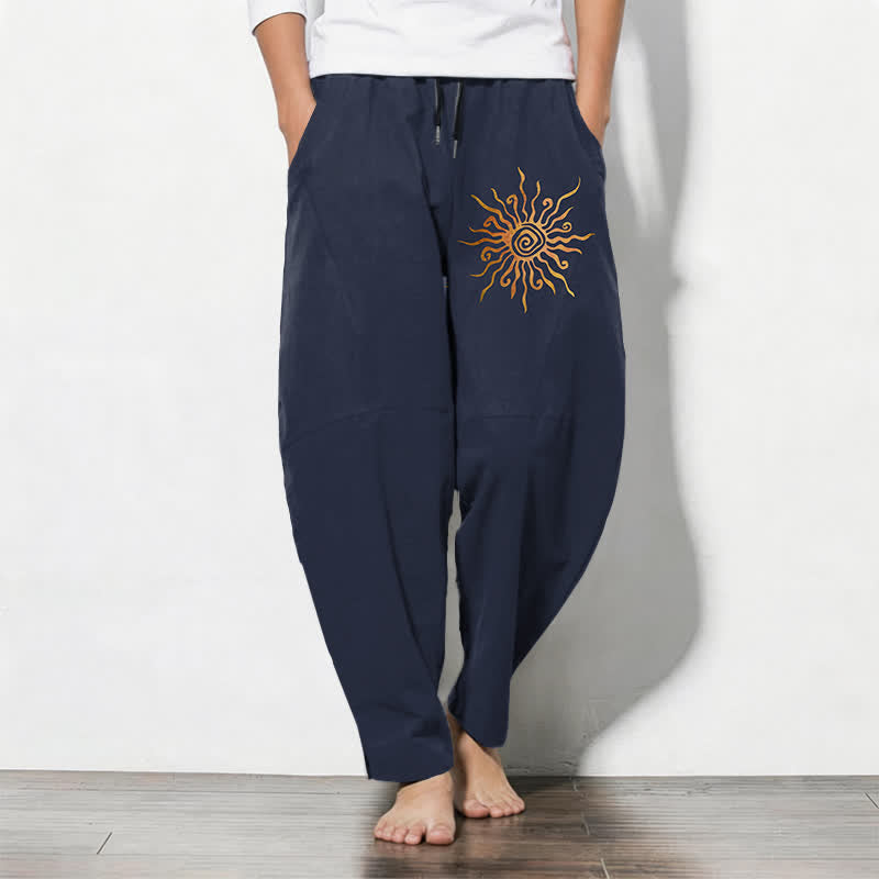 Buddha Stones Pure Cotton Golden Sun Spiral Pattern Drawstring Men's Tapered Pants With Pockets - Navy - US/UK/AU50,EU60 (5XL) - image 7