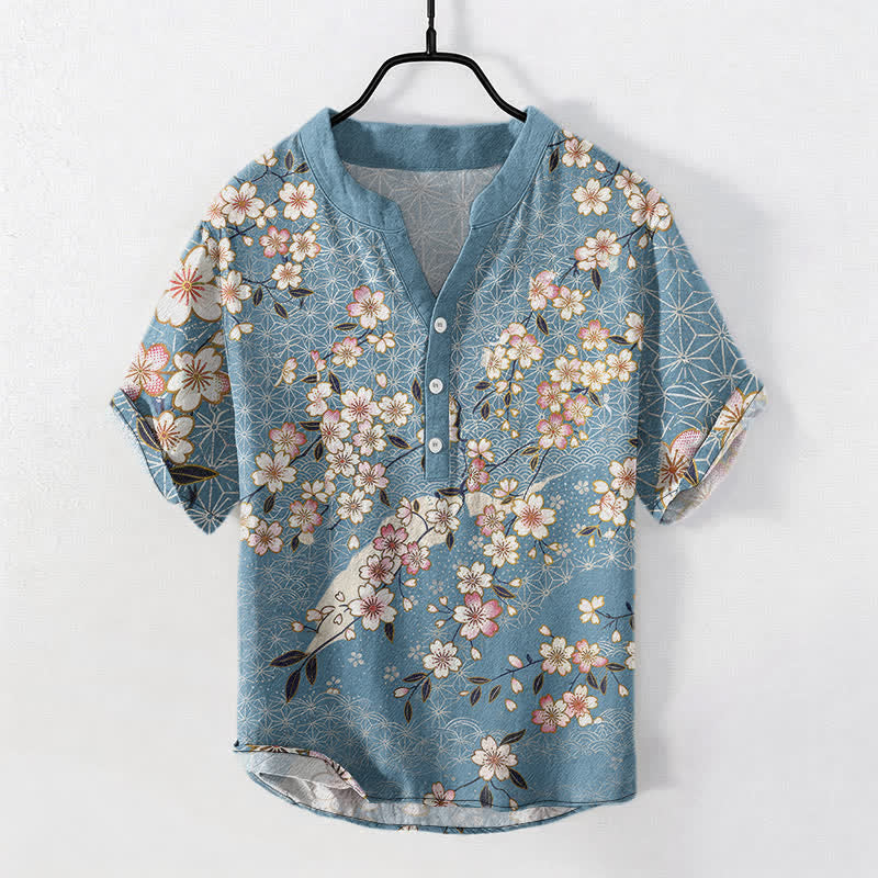 Buddha Stones Cotton Cherry Blossom Geometric Pattern Men's Short Sleeve Half Button Shirt - LightSkyBlue - US/UK/AU50,EU60 (5XL) - image 0