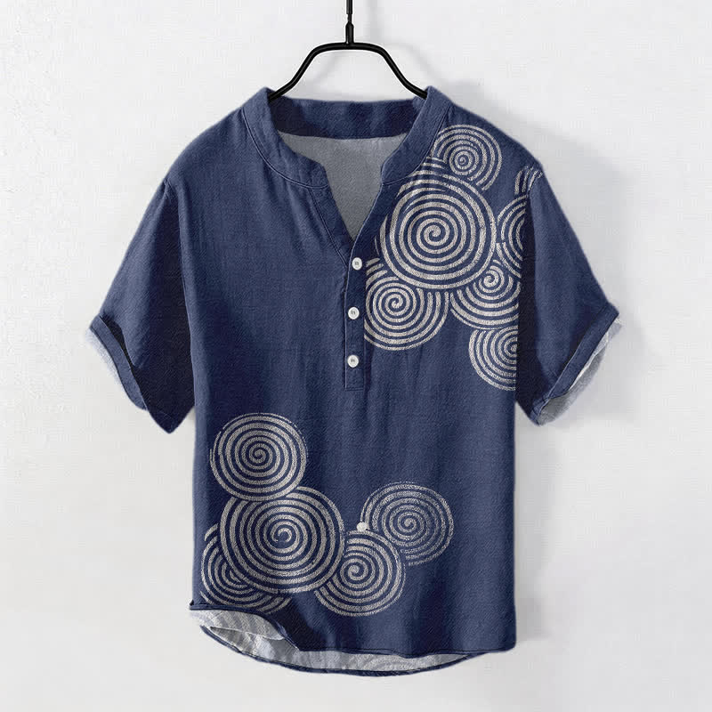 Buddha Stones Cotton Spiral Circle Pattern Men's Short Sleeve Half Button Shirt - Navy - US/UK/AU50,EU60 (5XL) - image 0