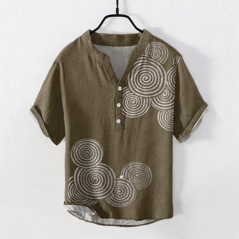 Buddha Stones Cotton Spiral Circle Pattern Men's Short Sleeve Half Button Shirt - Olive - US/UK/AU50,EU60 (5XL) - image 7