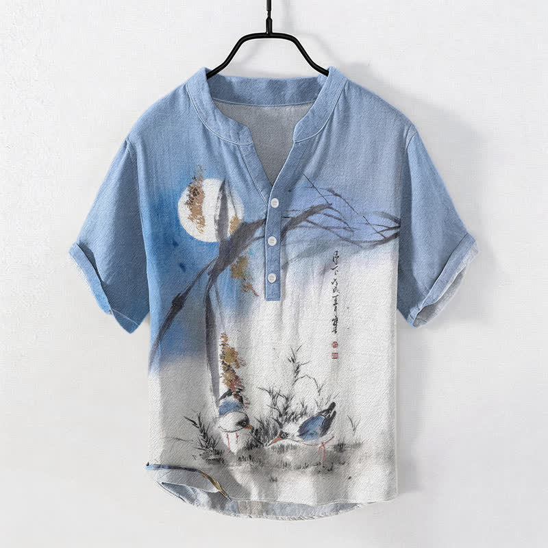 Buddha Stones Cotton Ink Moon Bird Pattern Men's Short Sleeve Half Button Shirt - LightBlue - US/UK/AU50,EU60 (5XL) - image 0