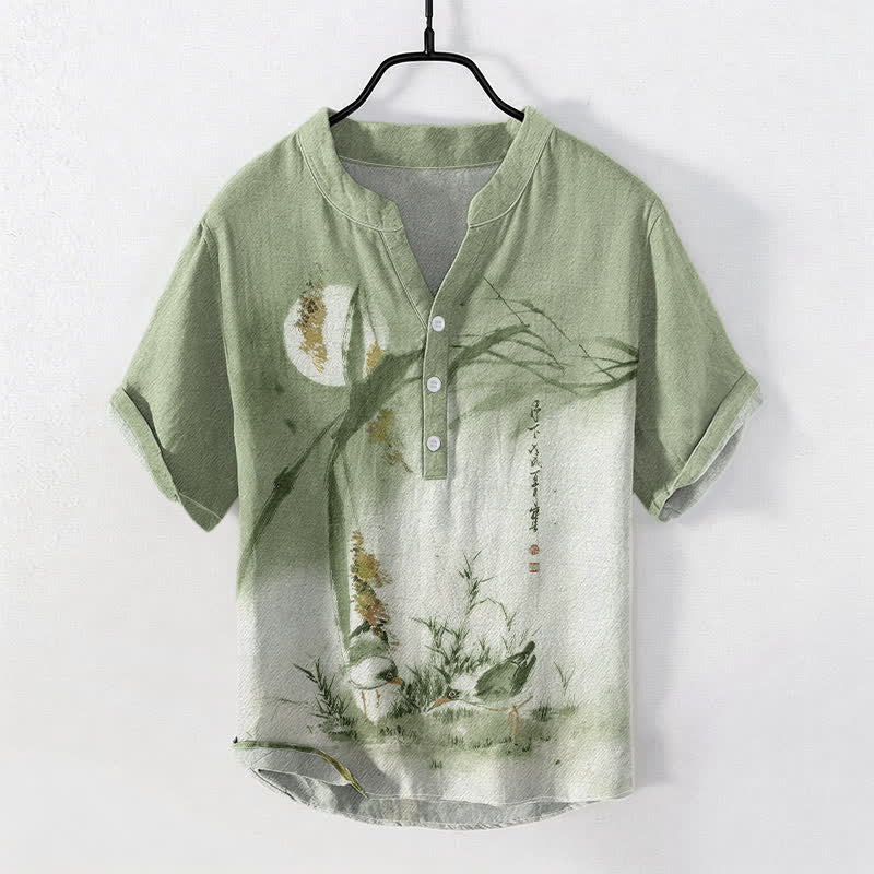 Buddha Stones Cotton Ink Moon Bird Pattern Men's Short Sleeve Half Button Shirt - LightGreen - US/UK/AU50,EU60 (5XL) - image 3
