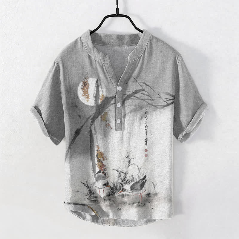 Buddha Stones Cotton Ink Moon Bird Pattern Men's Short Sleeve Half Button Shirt - LightGrey - US/UK/AU50,EU60 (5XL) - image 5