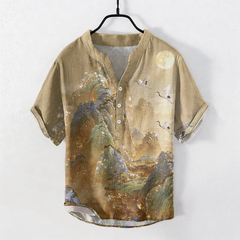 Buddha Stones Cotton Mountain Crane Moon Pattern Men's Short Sleeve Half Button Shirt - DarkKhaki - US/UK/AU50,EU60 (5XL) - image 0