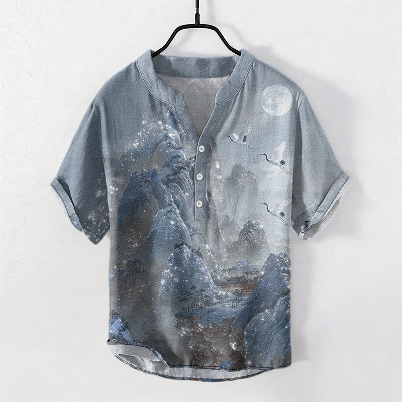 Buddha Stones Cotton Mountain Crane Moon Pattern Men's Short Sleeve Half Button Shirt - LightSteelBlue - US/UK/AU50,EU60 (5XL) - image 5