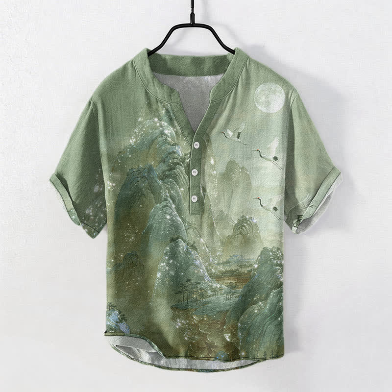 Buddha Stones Cotton Mountain Crane Moon Pattern Men's Short Sleeve Half Button Shirt - LightGreen - US/UK/AU50,EU60 (5XL) - image 7