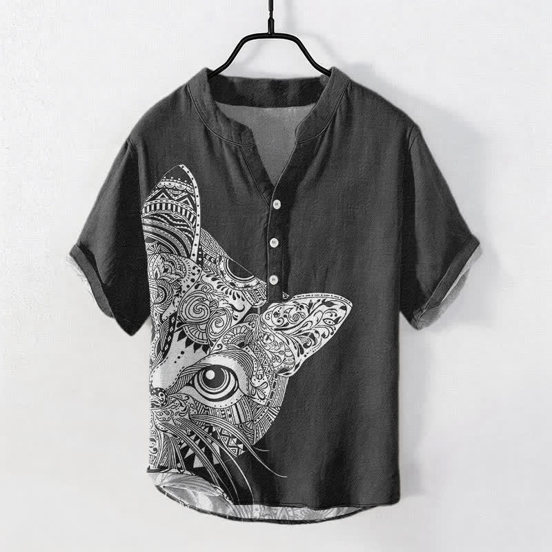 Buddha Stones Cotton Tribal Cat Face Pattern Men's Short Sleeve Half Button Shirt - Black - US/UK/AU50,EU60 (5XL) - image 0