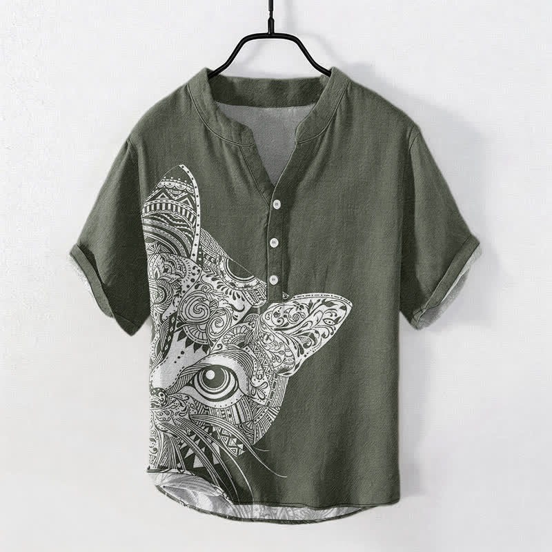 Buddha Stones Cotton Tribal Cat Face Pattern Men's Short Sleeve Half Button Shirt - DarkOliveGreen - US/UK/AU50,EU60 (5XL) - image 5
