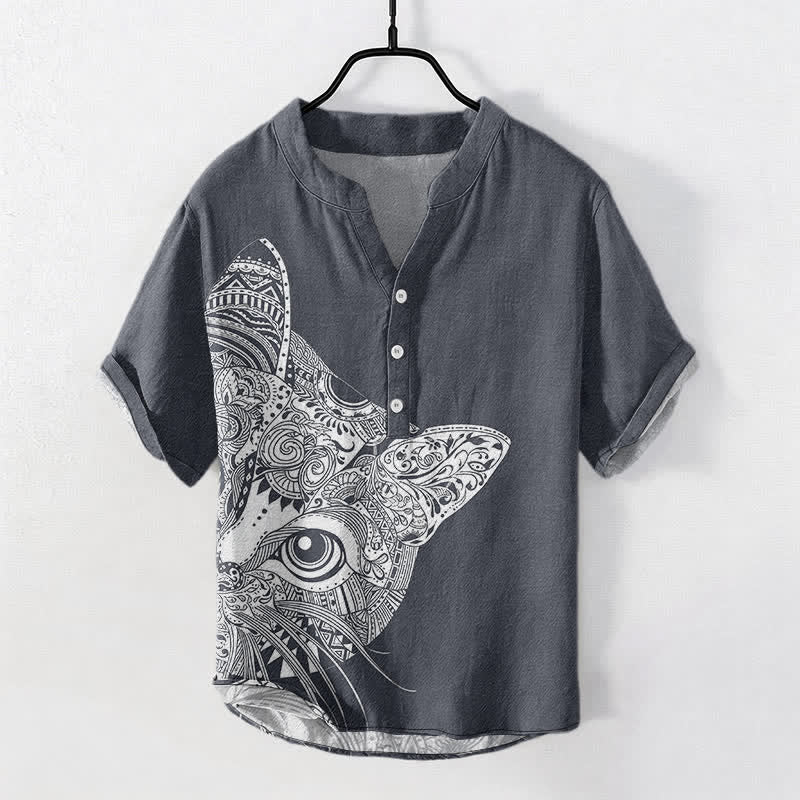Buddha Stones Cotton Tribal Cat Face Pattern Men's Short Sleeve Half Button Shirt - SlateGray - US/UK/AU50,EU60 (5XL) - image 7