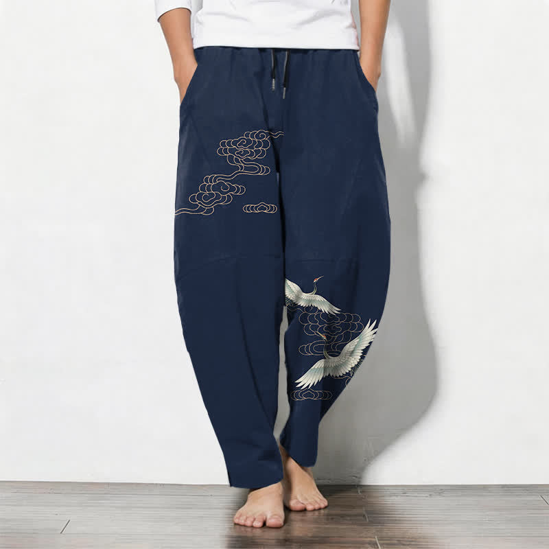 Buddha Stones Pure Cotton Flying Crane Cloud Pattern Drawstring Men's Tapered Pants With Pockets - Navy - US/UK/AU50,EU60 (5XL) - image 0