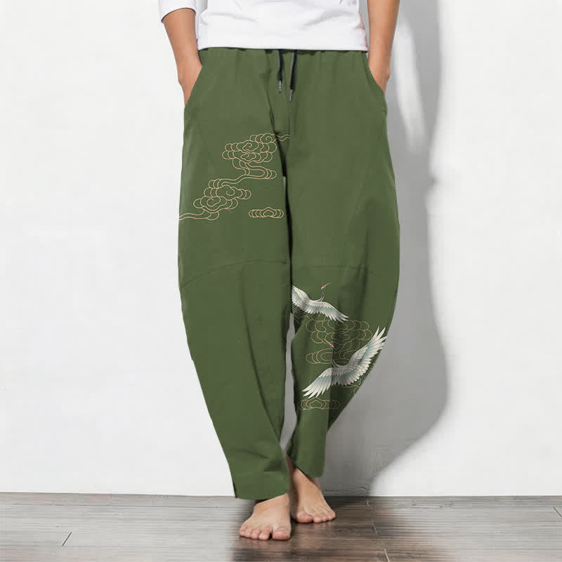Buddha Stones Pure Cotton Flying Crane Cloud Pattern Drawstring Men's Tapered Pants With Pockets - OliveDrab - US/UK/AU50,EU60 (5XL) - image 7
