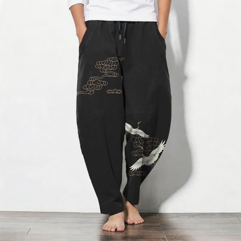 Buddha Stones Pure Cotton Flying Crane Cloud Pattern Drawstring Men's Tapered Pants With Pockets - Black - US/UK/AU50,EU60 (5XL) - image 11