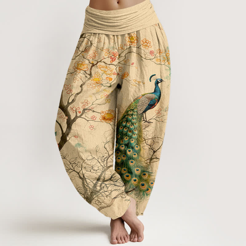 Buddha Stones Cotton Peacock Floral Branch Pattern Women's Elastic Waist Harem Pants - Wheat - US16,UK/AU20,EU48 (3XL) - image 0