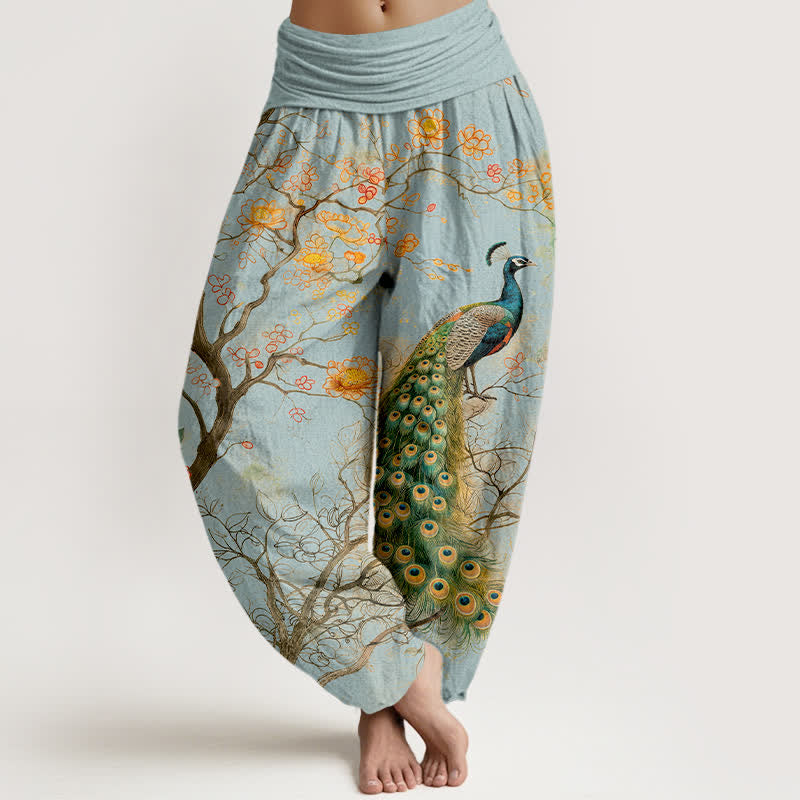 Buddha Stones Cotton Peacock Floral Branch Pattern Women's Elastic Waist Harem Pants - PowderBlue - US16,UK/AU20,EU48 (3XL) - image 8