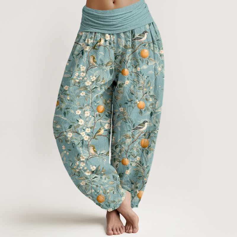 Buddha Stones Cotton Bird Orange Blossom Pattern Women's Elastic Waist Harem Pants - SkyBlue - US16,UK/AU20,EU48 (3XL) - image 0