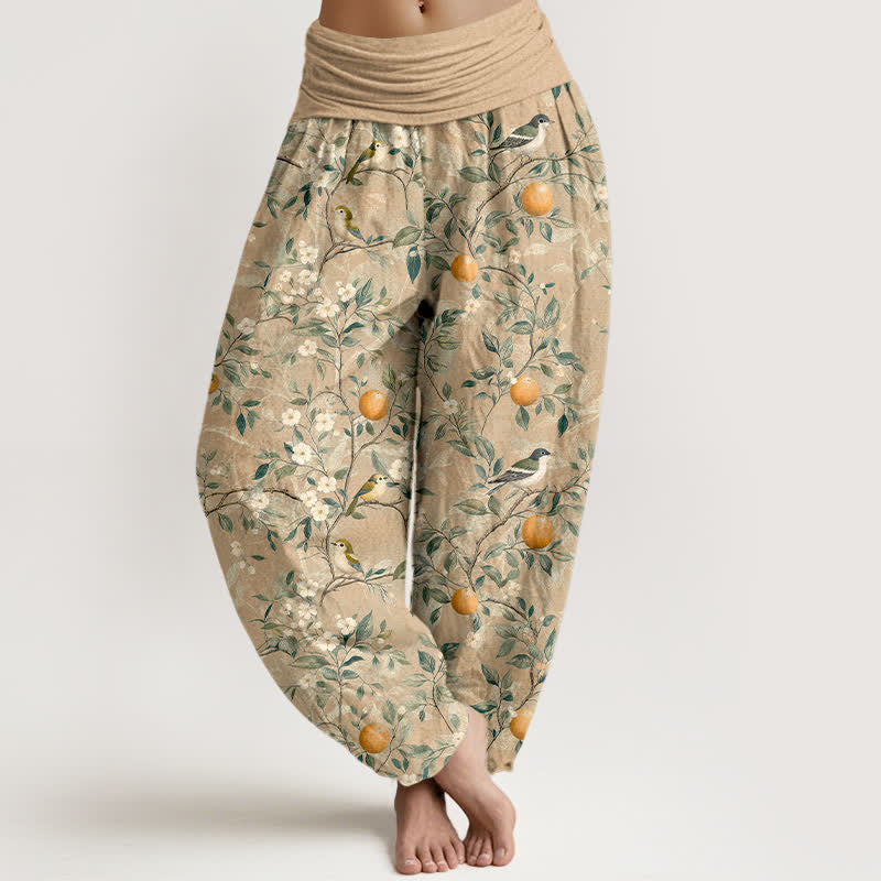 Buddha Stones Cotton Bird Orange Blossom Pattern Women's Elastic Waist Harem Pants - Tan - US16,UK/AU20,EU48 (3XL) - image 5