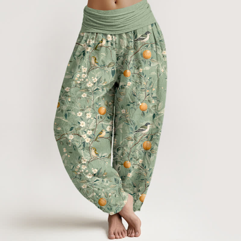 Buddha Stones Cotton Bird Orange Blossom Pattern Women's Elastic Waist Harem Pants - DarkSeaGreen - US16,UK/AU20,EU48 (3XL) - image 8