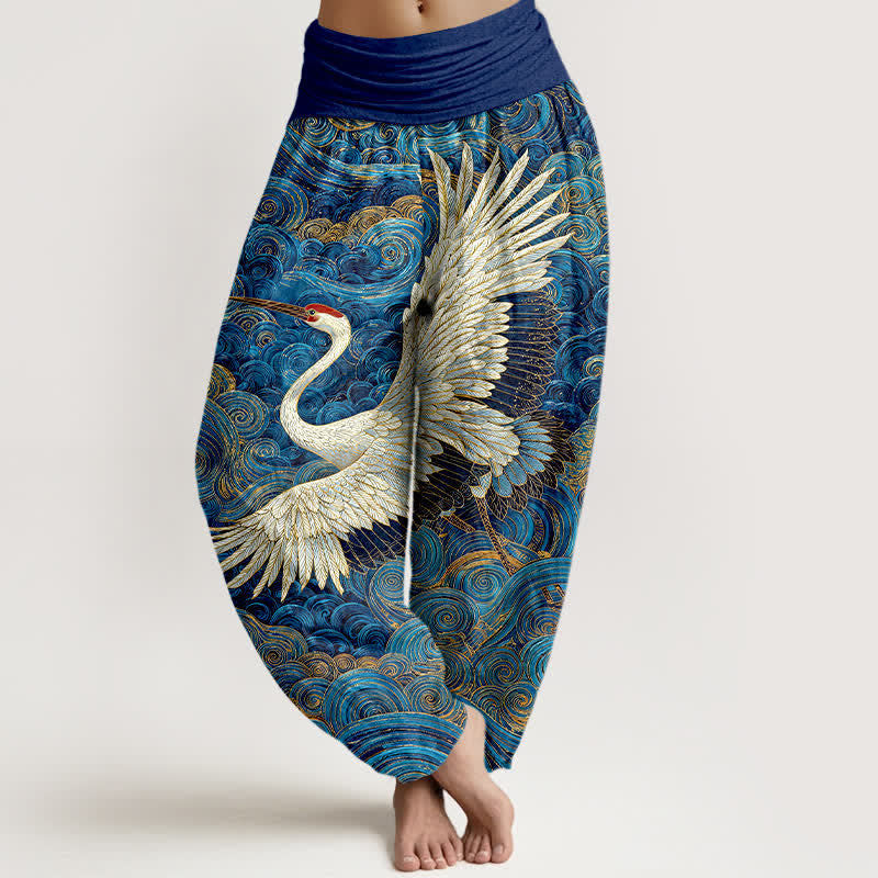 Buddha Stones Cotton White Crane Wave Pattern Women's Elastic Waist Harem Pants - RoyalBlue - US16,UK/AU20,EU48 (3XL) - image 0
