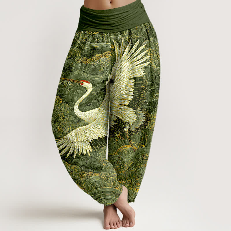 Buddha Stones Cotton White Crane Wave Pattern Women's Elastic Waist Harem Pants - Green - US16,UK/AU20,EU48 (3XL) - image 5