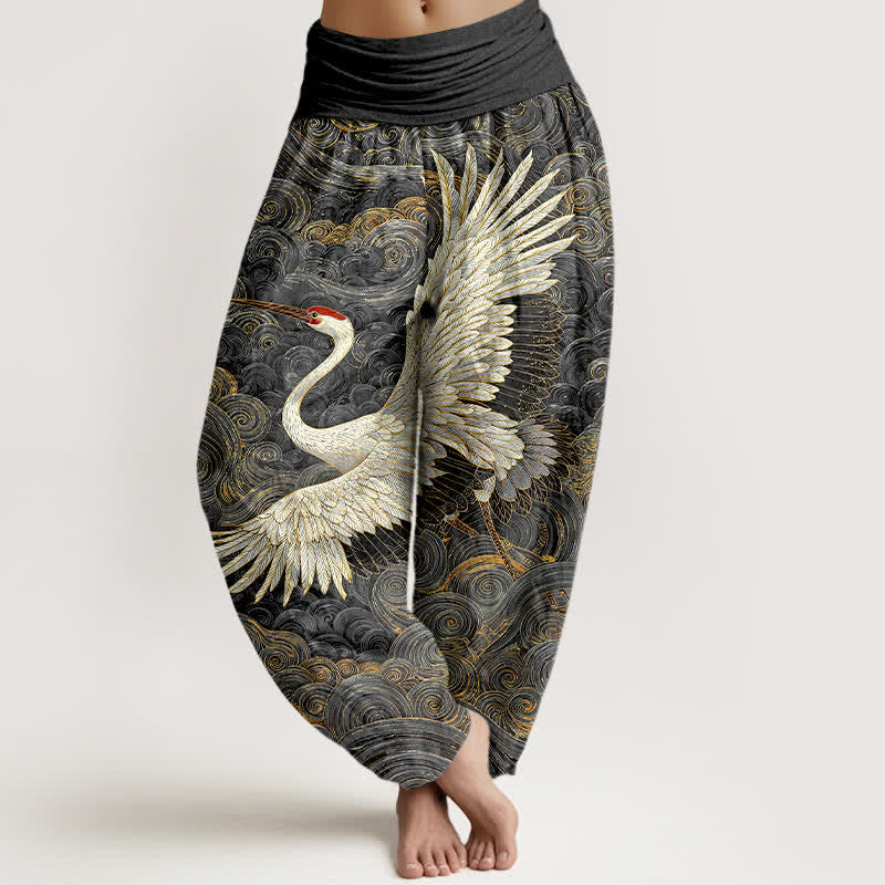Buddha Stones Cotton White Crane Wave Pattern Women's Elastic Waist Harem Pants - DimGray - US16,UK/AU20,EU48 (3XL) - image 8