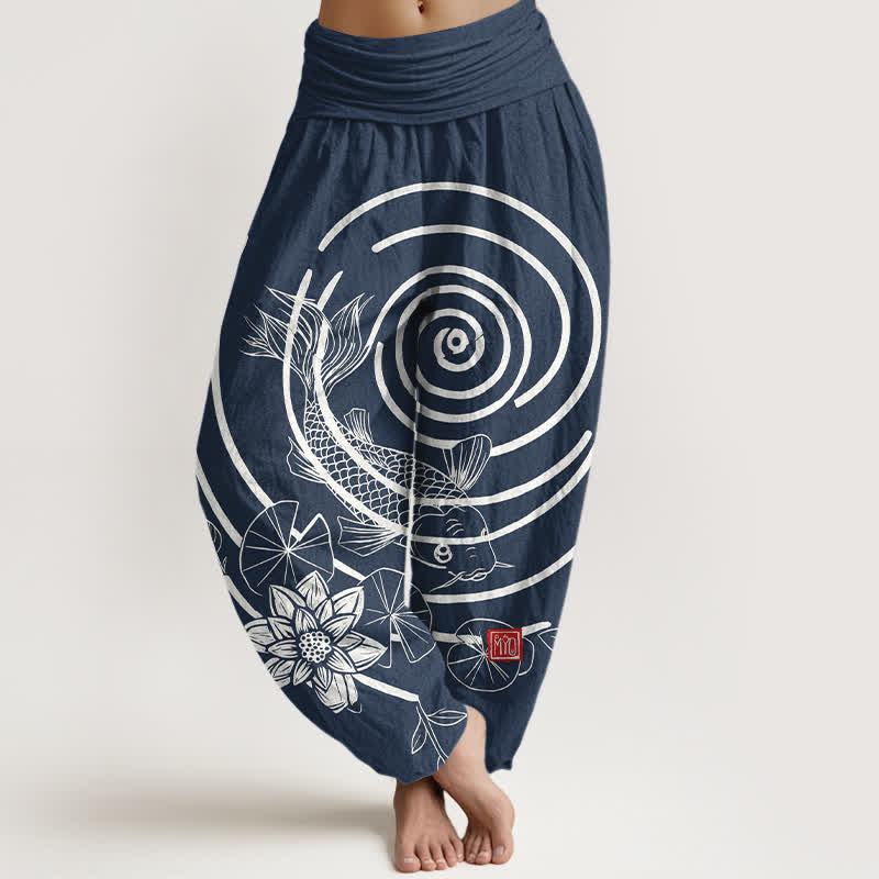 Buddha Stones Cotton Koi Fish Lotus Pattern Women's Elastic Waist Harem Pants - Navy - US16,UK/AU20,EU48 (3XL) - image 0