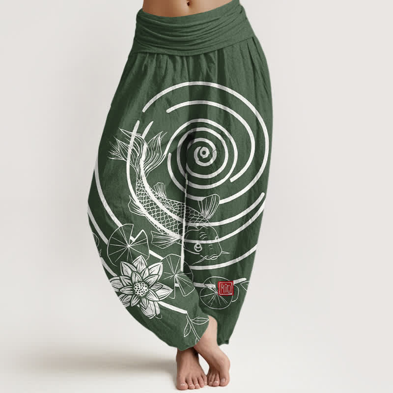 Buddha Stones Cotton Koi Fish Lotus Pattern Women's Elastic Waist Harem Pants - ForestGreen - US16,UK/AU20,EU48 (3XL) - image 5