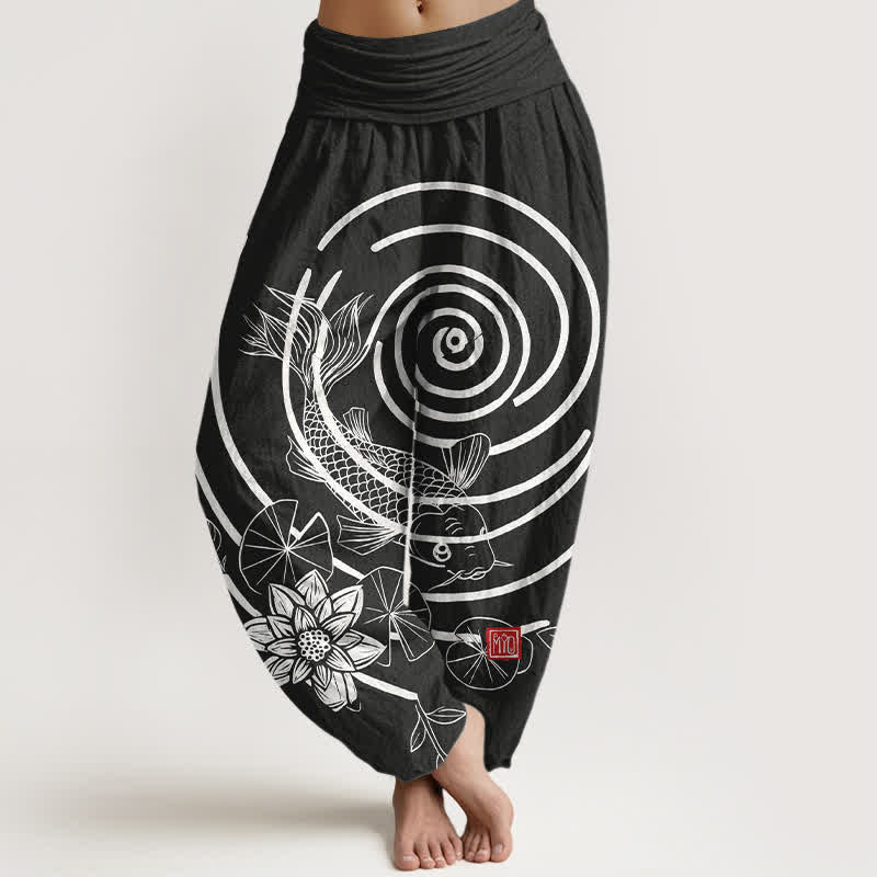 Buddha Stones Cotton Koi Fish Lotus Pattern Women's Elastic Waist Harem Pants - Black - US16,UK/AU20,EU48 (3XL) - image 8