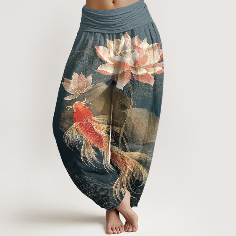 Buddha Stones Cotton Elegant Golden Koi Fish Lotus Pattern Women's Elastic Waist Harem Pants - Teal - US16,UK/AU20,EU48 (3XL) - image 0