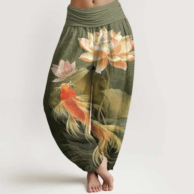 Buddha Stones Cotton Elegant Golden Koi Fish Lotus Pattern Women's Elastic Waist Harem Pants - Olive - US16,UK/AU20,EU48 (3XL) - image 5