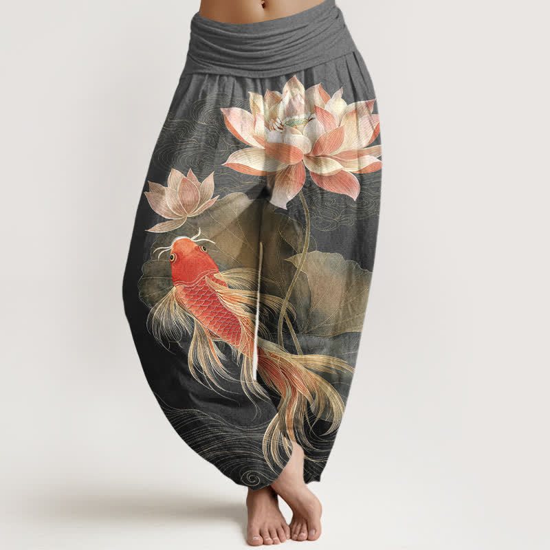 Buddha Stones Cotton Elegant Golden Koi Fish Lotus Pattern Women's Elastic Waist Harem Pants - DimGray - US16,UK/AU20,EU48 (3XL) - image 8