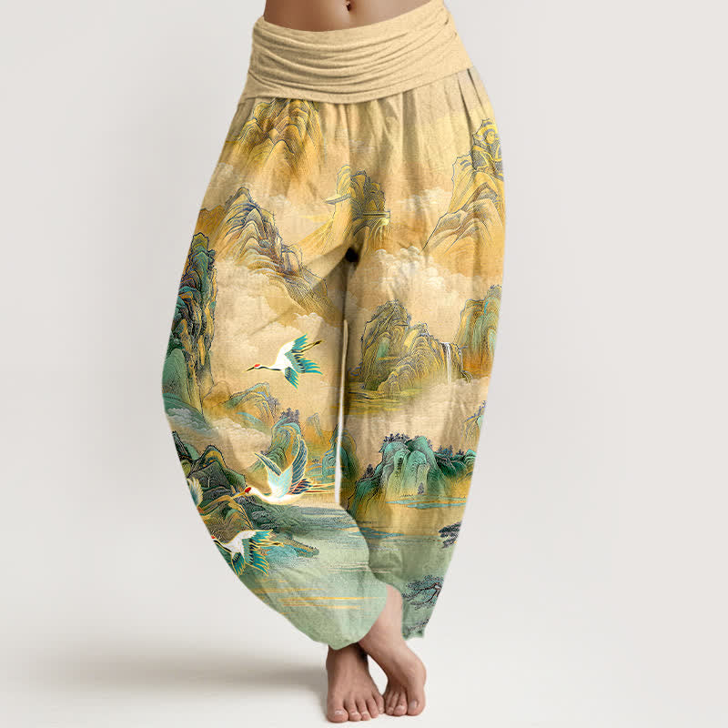 Buddha Stones Cotton Oriental Landscape Red-crowned Crane Pattern Women's Elastic Waist Harem Pants - Wheat - US16,UK/AU20,EU48 (3XL) - image 0