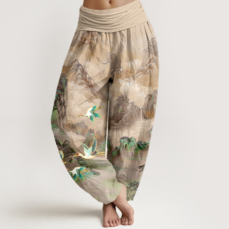 Buddha Stones Cotton Oriental Landscape Red-crowned Crane Pattern Women's Elastic Waist Harem Pants - Tan - US16,UK/AU20,EU48 (3XL) - image 5