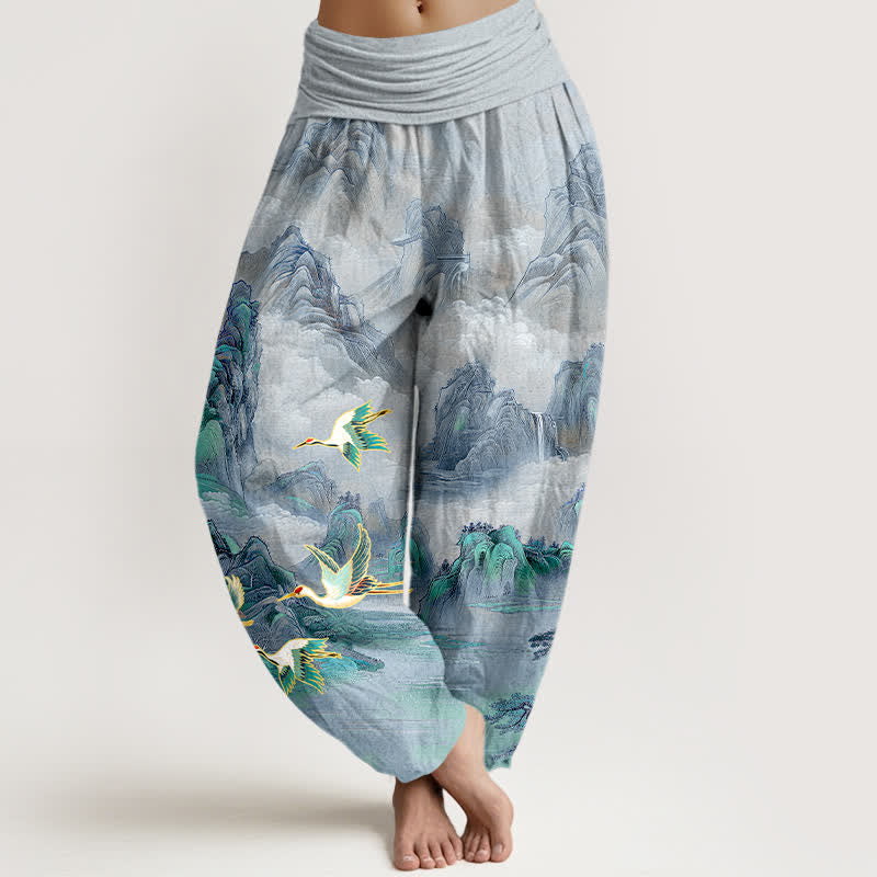 Buddha Stones Cotton Oriental Landscape Red-crowned Crane Pattern Women's Elastic Waist Harem Pants - LightSteelBlue - US16,UK/AU20,EU48 (3XL) - image 8