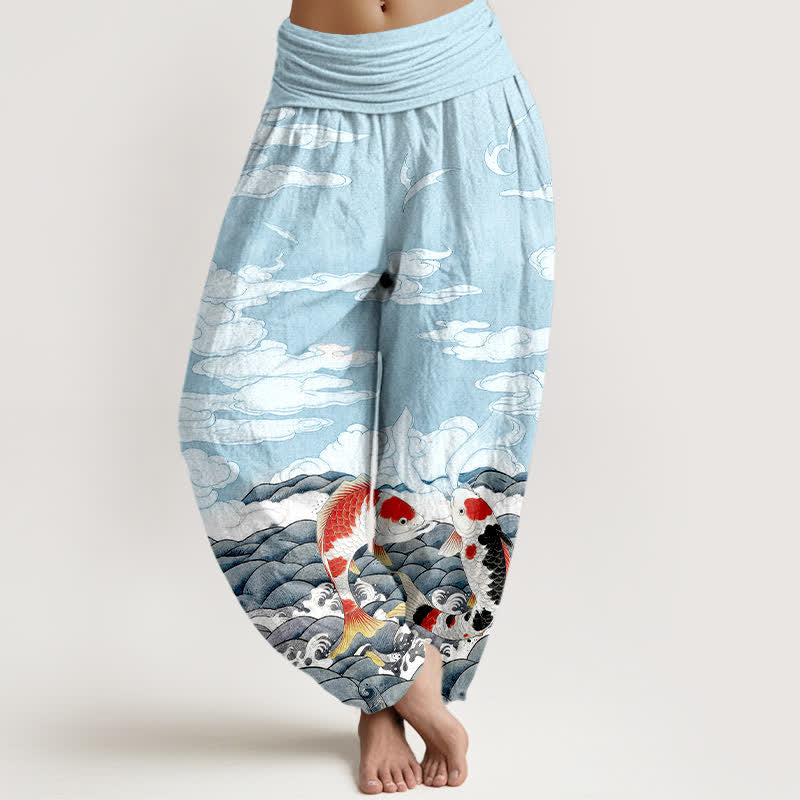 Buddha Stones Cotton Koi Fish Wave Cloud Pattern Women's Elastic Waist Harem Pants - PaleTurquoise - US16,UK/AU20,EU48 (3XL) - image 0