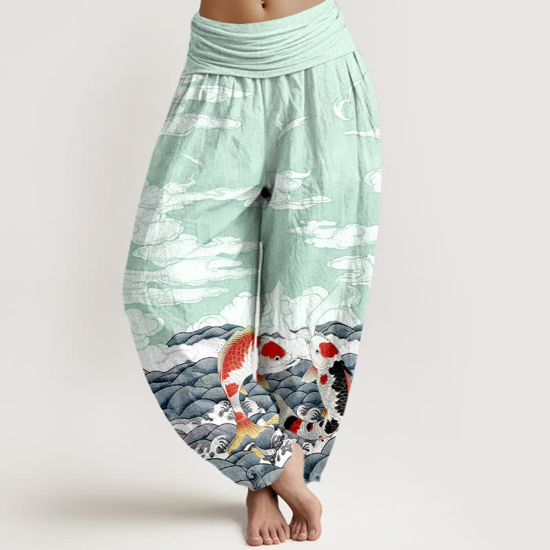 Buddha Stones Cotton Koi Fish Wave Cloud Pattern Women's Elastic Waist Harem Pants - Aquamarine - US16,UK/AU20,EU48 (3XL) - image 5