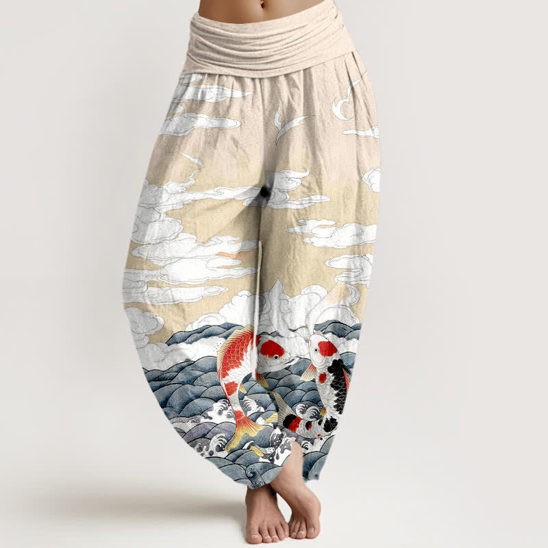 Buddha Stones Cotton Koi Fish Wave Cloud Pattern Women's Elastic Waist Harem Pants - Beige - US16,UK/AU20,EU48 (3XL) - image 8