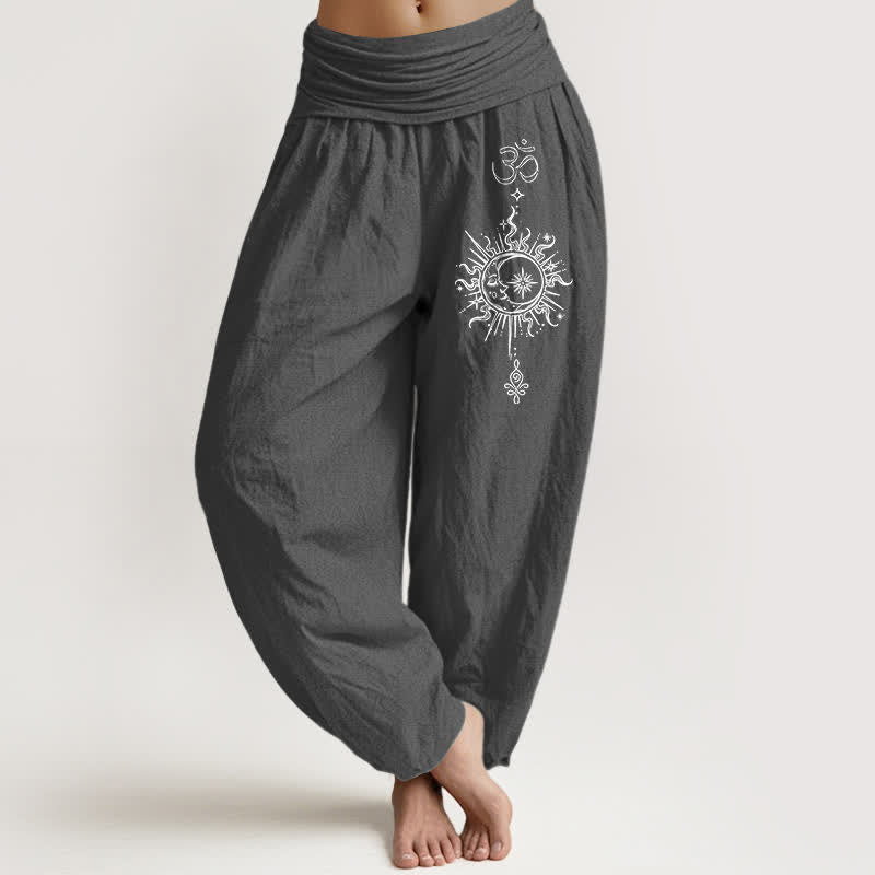 Buddha Stones Pure Cotton White Mandala Om Sun Pattern Women's Elastic Waist Harem Pants - DimGray - US16,UK/AU20,EU48 (3XL) - image 0