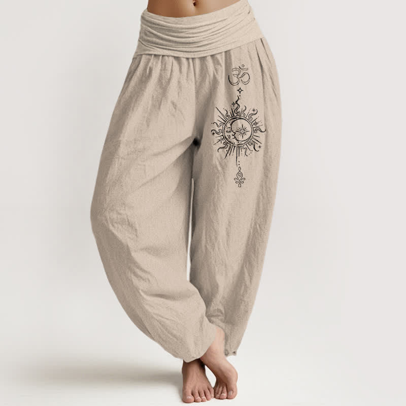 Buddha Stones Pure Cotton White Mandala Om Sun Pattern Women's Elastic Waist Harem Pants - Tan - US16,UK/AU20,EU48 (3XL) - image 14