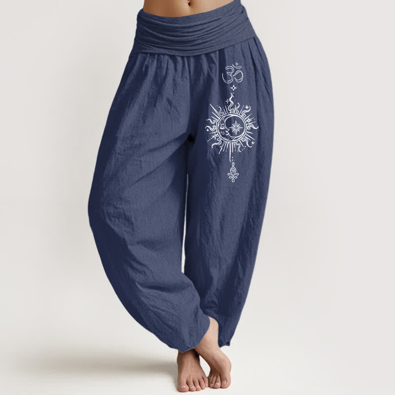 Buddha Stones Pure Cotton White Mandala Om Sun Pattern Women's Elastic Waist Harem Pants - DarkSlateBlue - US16,UK/AU20,EU48 (3XL) - image 8