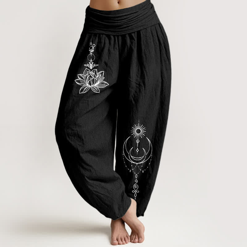 Buddha Stones Pure Cotton Lotus Moon Sun Pattern Women's Elastic Waist Harem Pants - Black - US16,UK/AU20,EU48 (3XL) - image 0